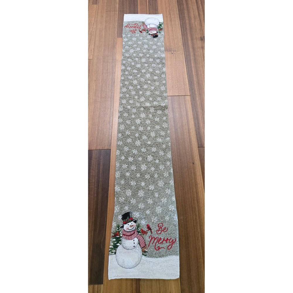 Big Lots Christmas Snowman Be Merry Woven Tapestry Table Runner Sage Green 70in
